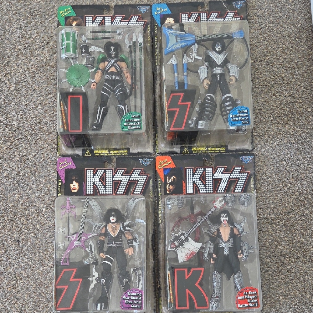 Kiss Rock Band Action Figures - Black, Silver, and Blue. Original 1997 KISS doll